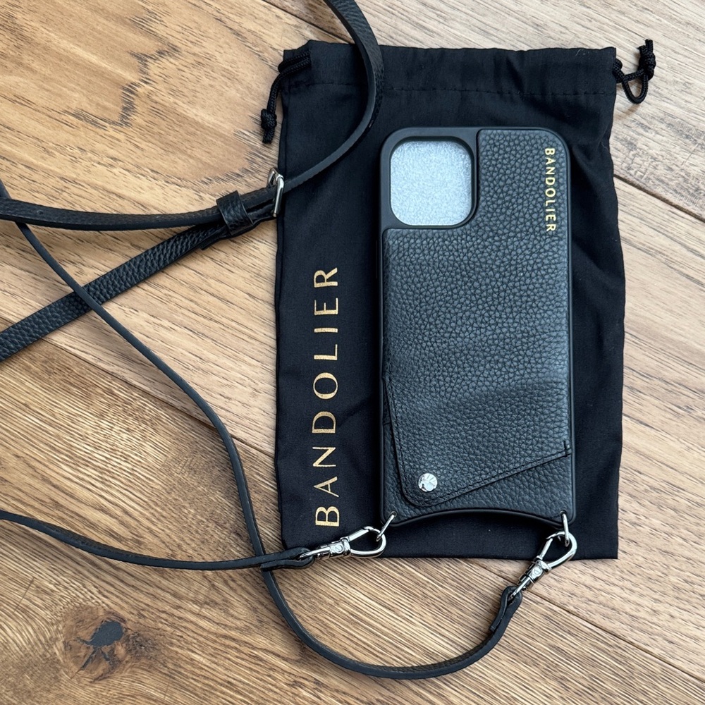 Bandolier Black Pebbled Leather Phone Case with Strap